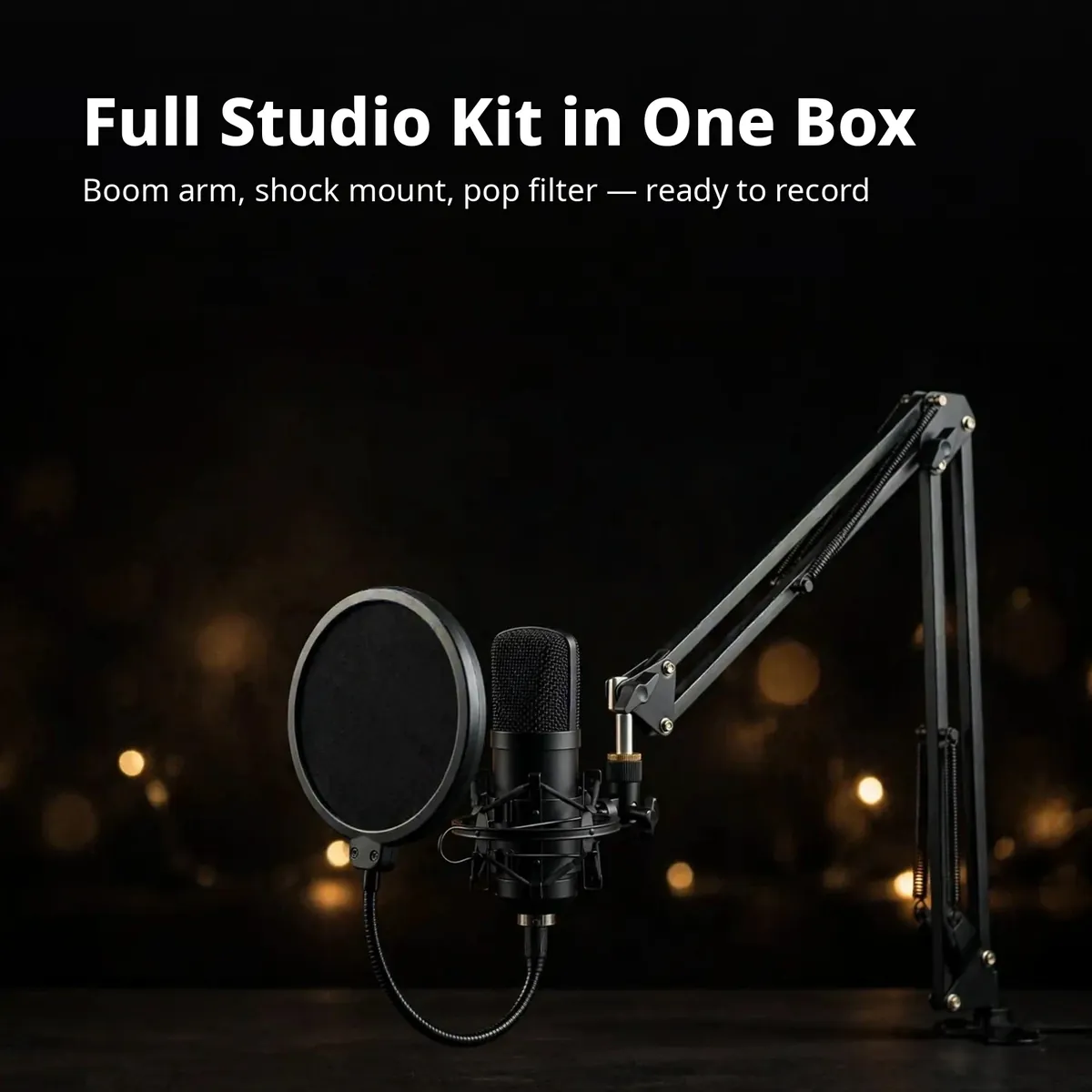 Maono AU-A03 studio kit card showing the microphone on the boom arm with shock mount and pop filter on a dark studio backdrop