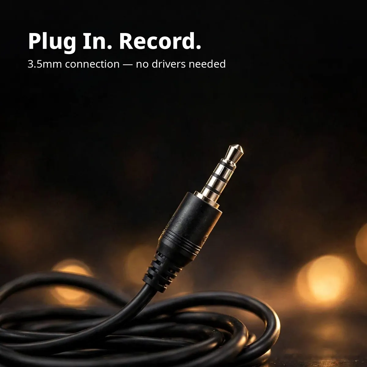 Maono AU-A03 plug card showing a close-up macro of the 3.5mm connector on a dark backdrop — Plug In. Record.