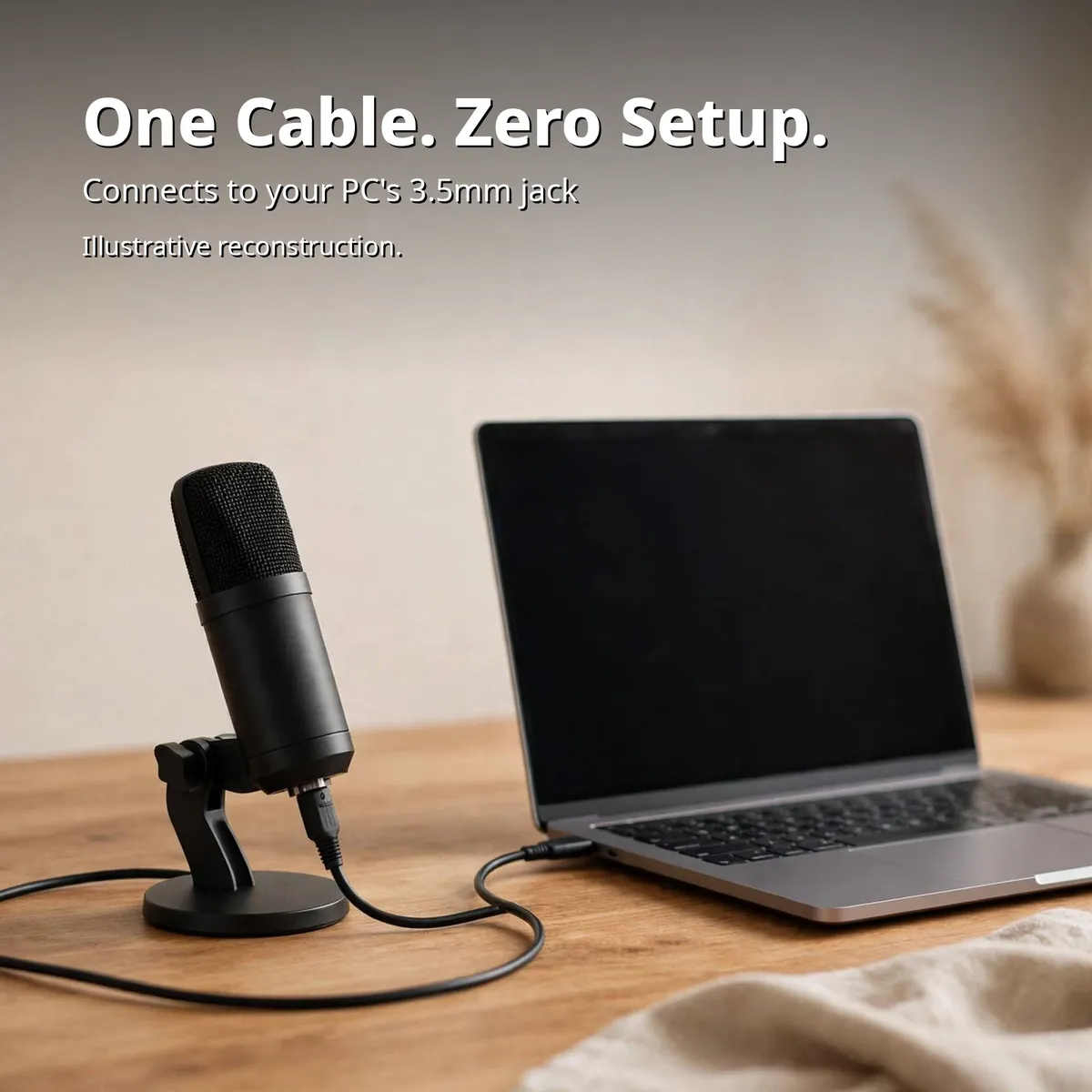Maono AU-A03 connection infographic showing the microphone cabled to a laptop — One Cable. Zero Setup.