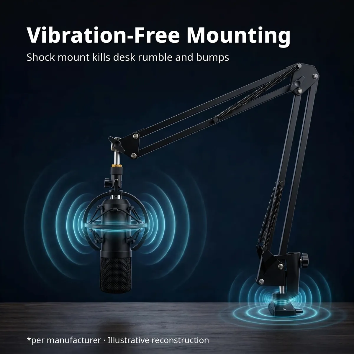 Maono AU-A03 vibration-free mounting card showing the microphone hanging from the scissor boom arm in its shock mount with ripple graphics on a dark backdrop
