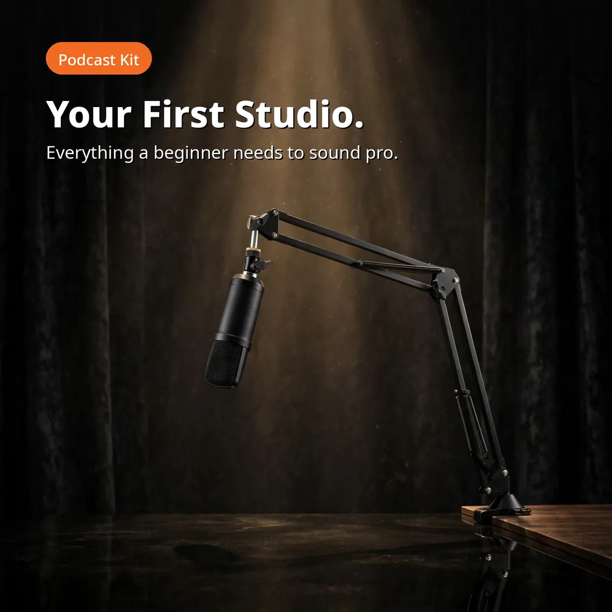 Maono AU-A03 promo hero showing the microphone on the boom arm under a desk spotlight — Your First Studio.