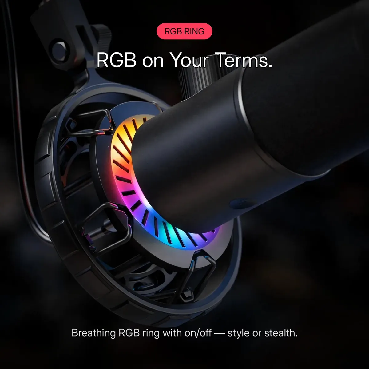 FIFINE K658 feature card showing the breathing rainbow RGB ring glowing at the base of the shock mount — RGB on Your Terms. Breathing RGB ring with on/off, style or stealth.