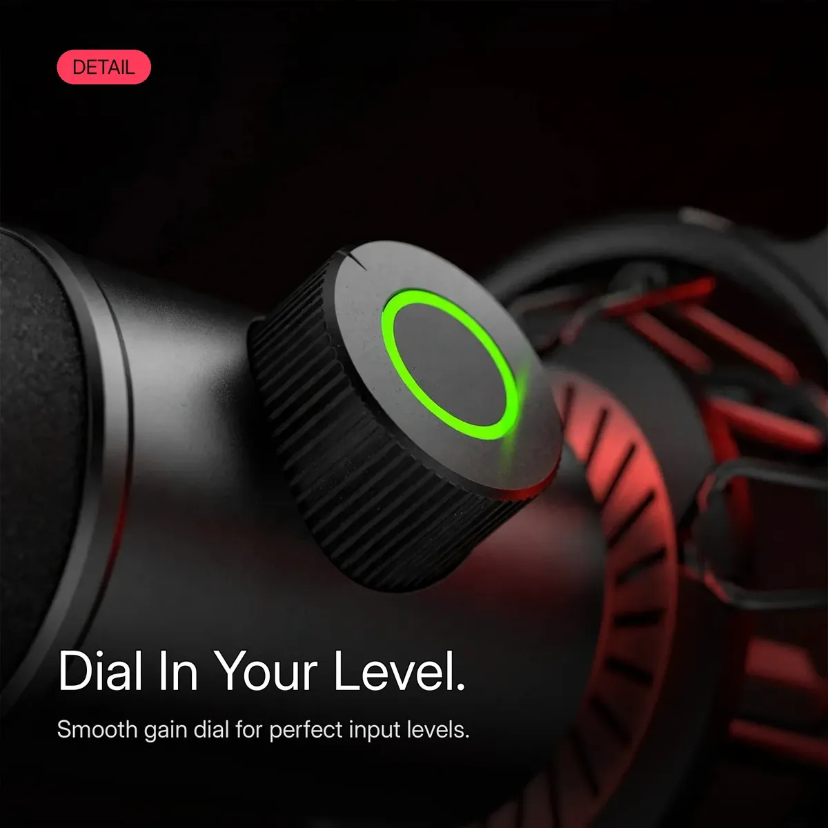 FIFINE K658 close-up of the smooth gain dial on the microphone — Dial In Your Level. Gain dial for perfect input levels.