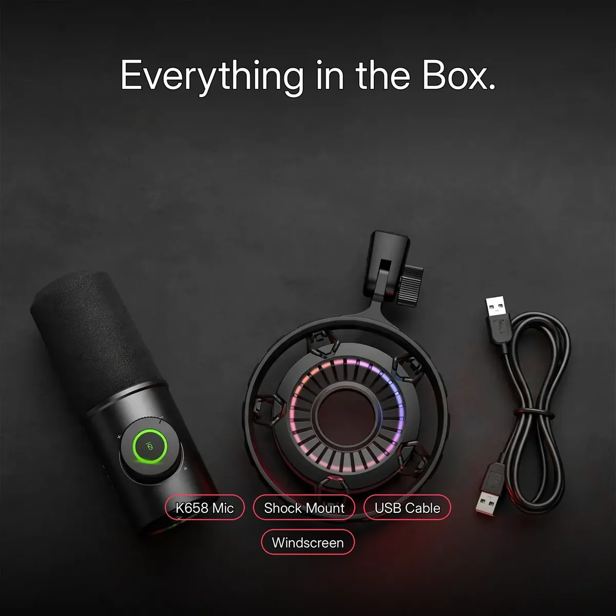 FIFINE K658 box-contents flat-lay showing the K658 mic, shock mount, USB cable and windscreen — Everything in the Box.