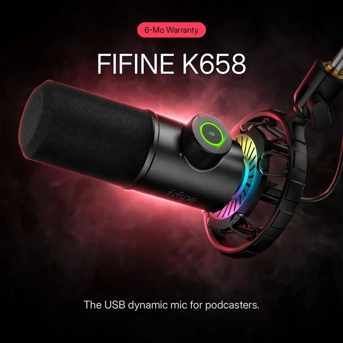 FIFINE K658 promo hero showing the microphone with green LED ring and glowing RGB ring under a red halo — the USB dynamic mic for podcasters.