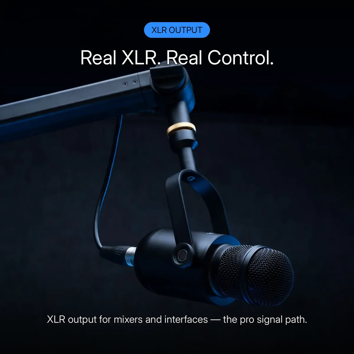 BOYA BY-DM500 XLR card showing the black broadcast microphone on a boom arm — Real XLR. Real Control. on dark studio backdrop
