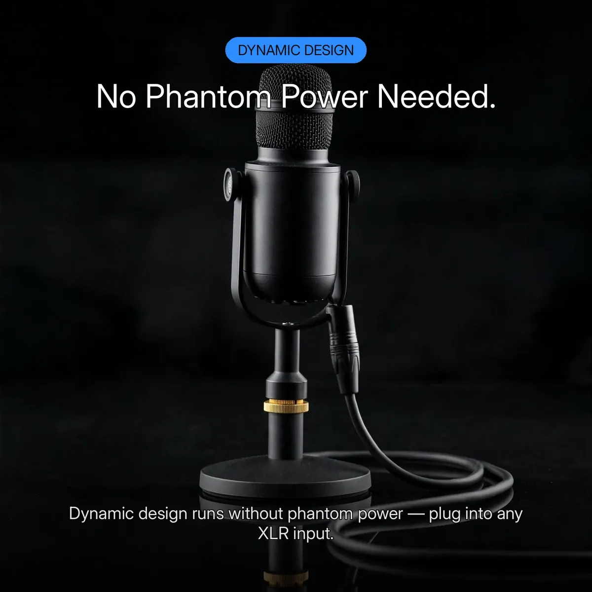 BOYA BY-DM500 card showing the microphone on a studio stand with XLR cable — No Phantom Power Needed