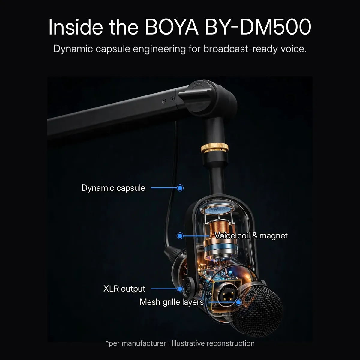 BOYA BY-DM500 x-ray cutaway showing the glowing dynamic capsule, voice coil and magnet with leader-line callouts