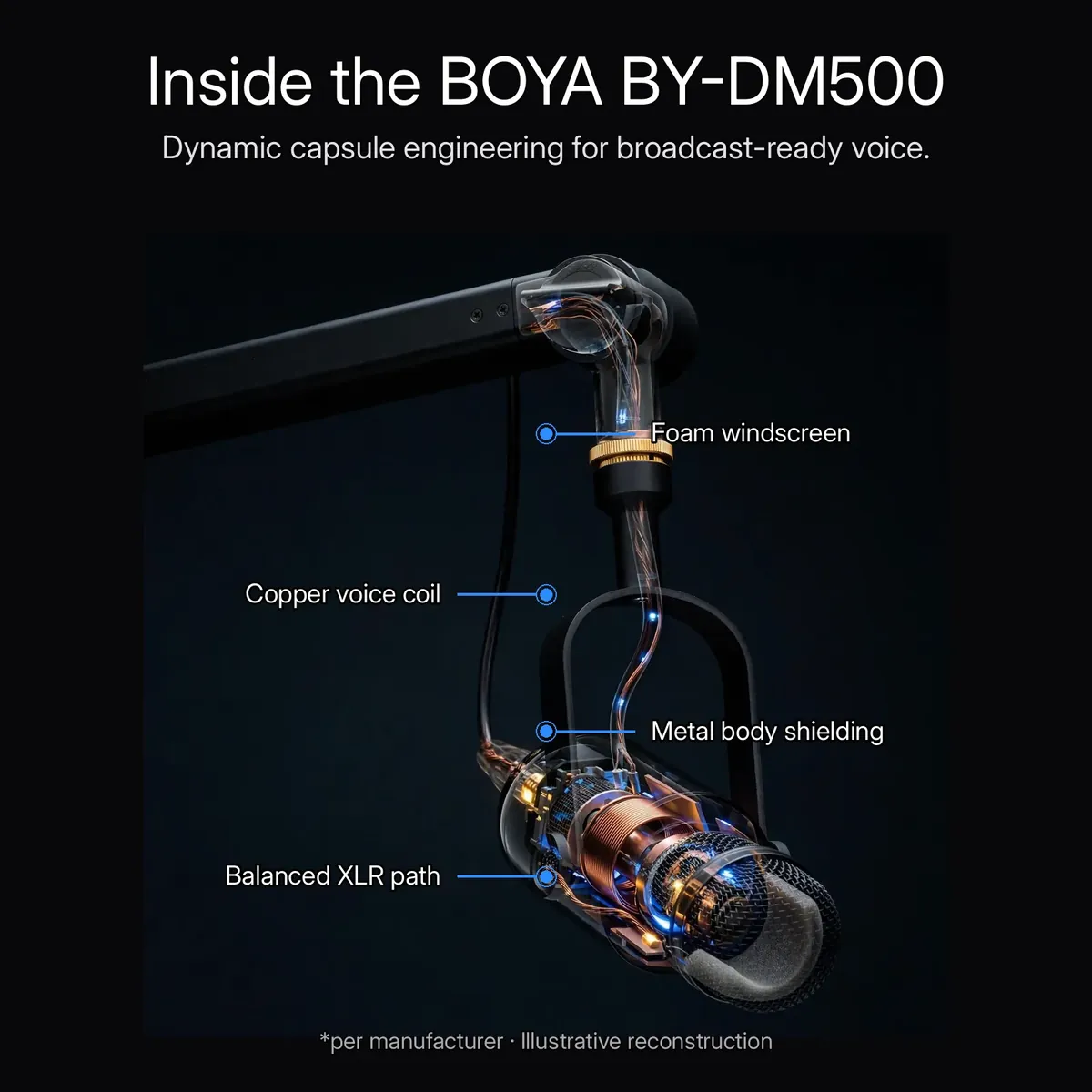 BOYA BY-DM500 x-ray side view showing the copper voice coil, metal body shielding and balanced XLR path