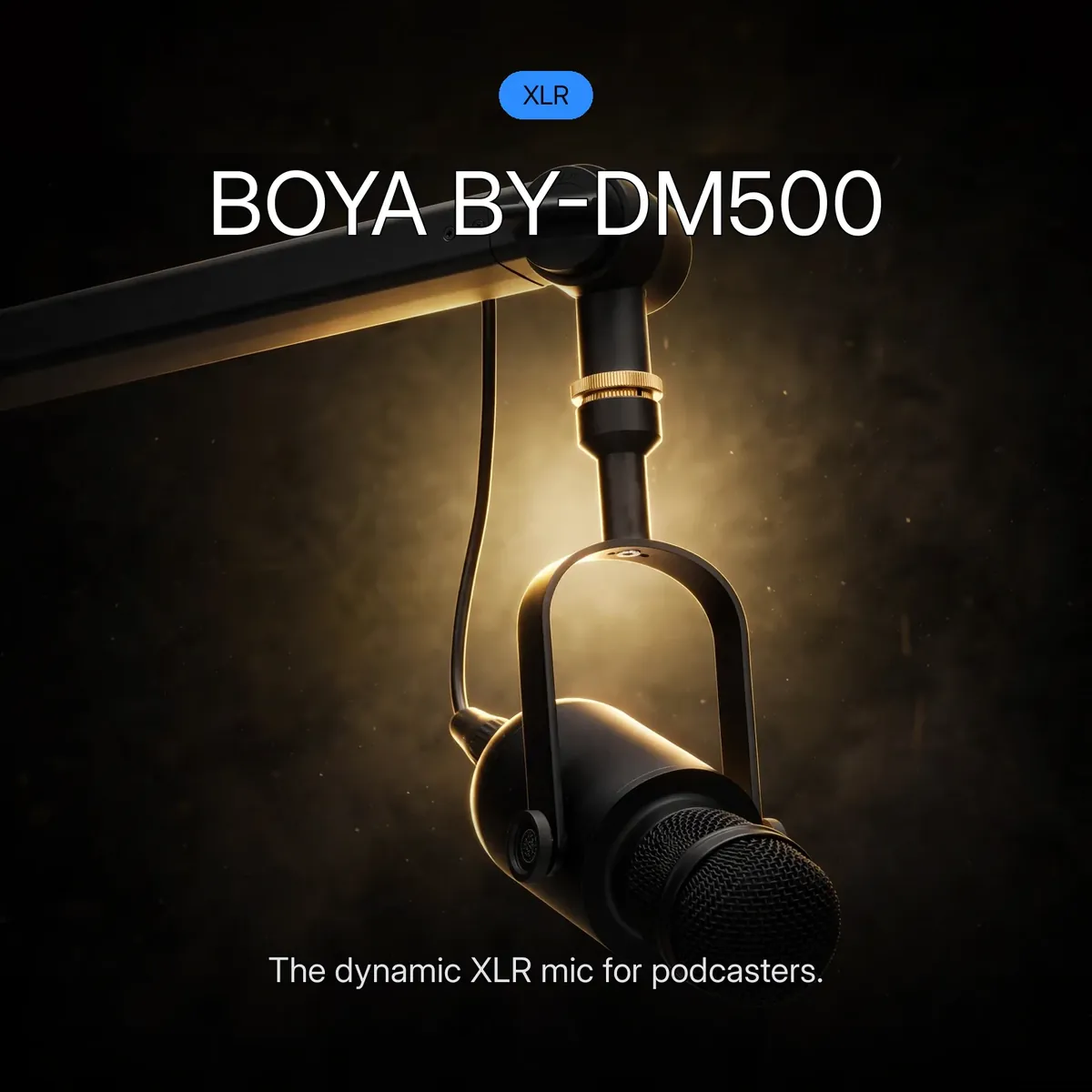 BOYA BY-DM500 promo hero showing the black broadcast microphone on a boom arm in a golden halo