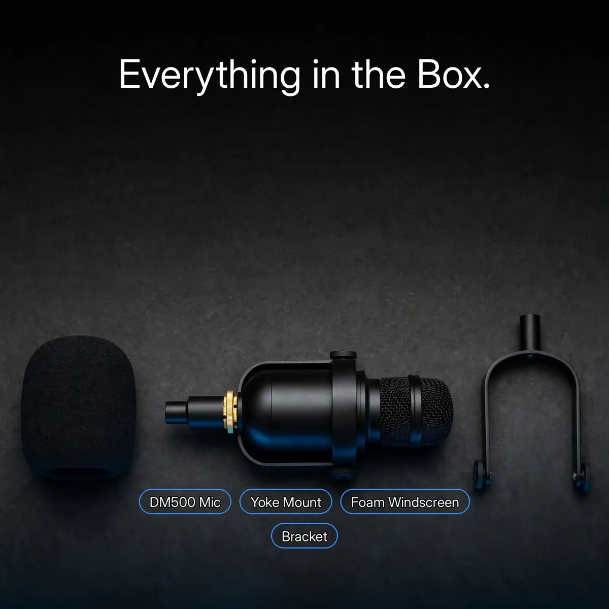 BOYA BY-DM500 box-contents flat lay showing the mic, yoke mount, foam windscreen and bracket