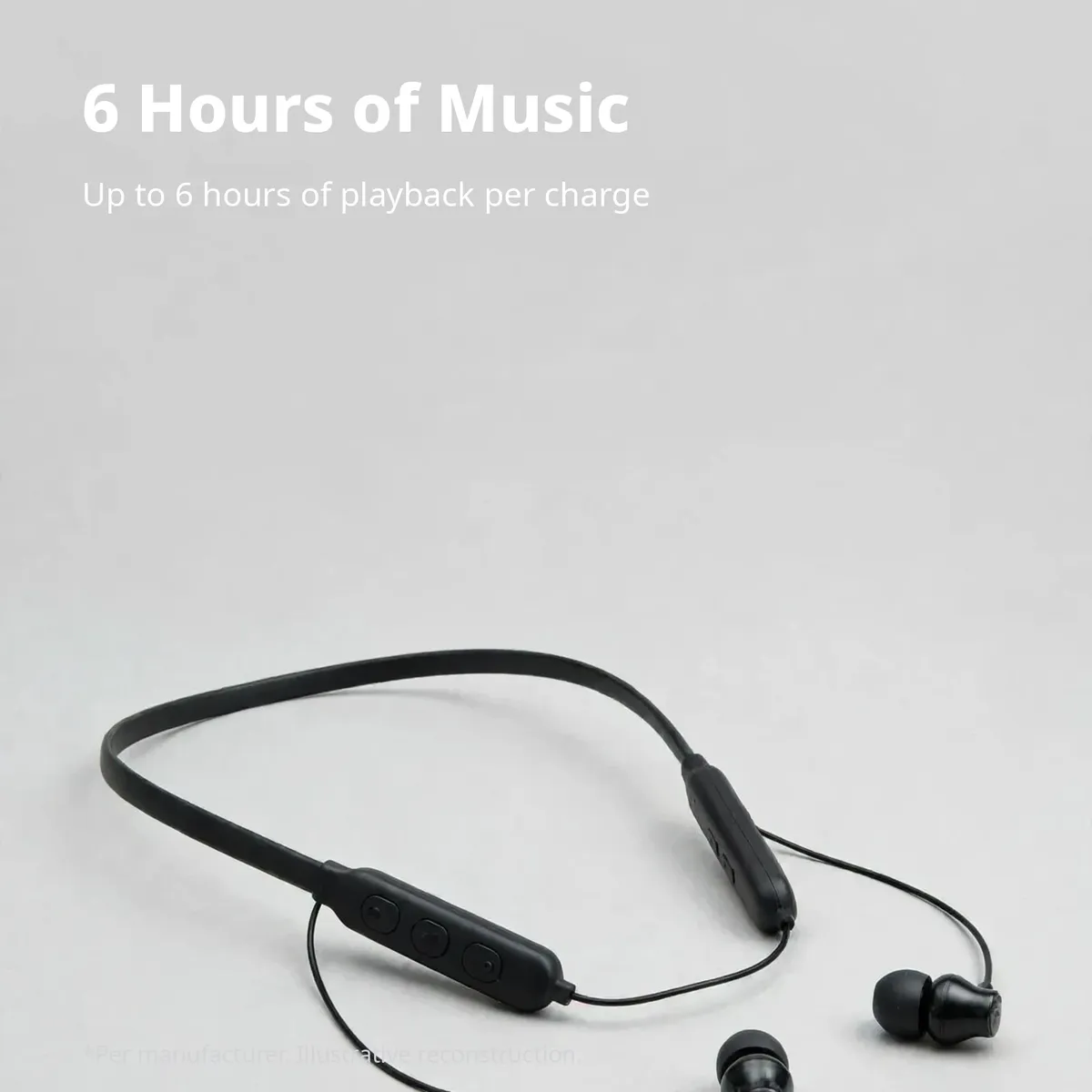 G8 sports neckband battery infographic — 6 Hours of Music. Up to 6 hours of playback per charge.