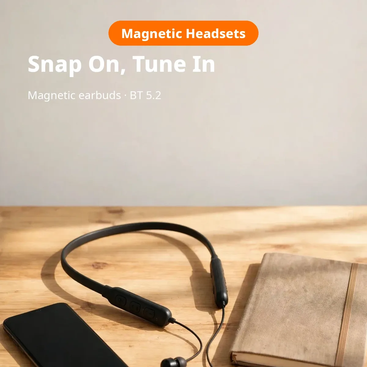 G8 sports neckband lifestyle promo — Snap On, Tune In. Magnetic headsets, BT 5.2.