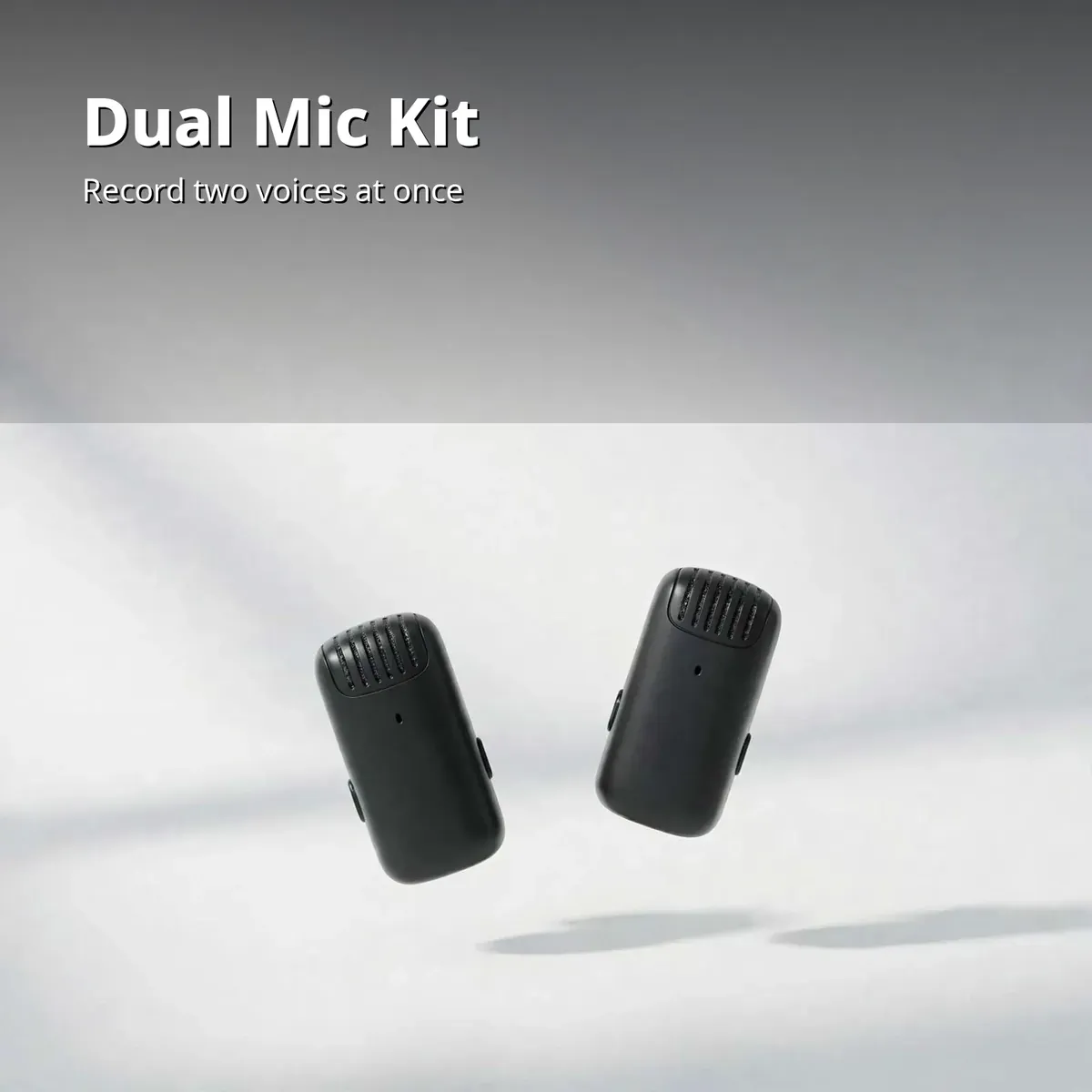 Ulanzi J12 feature card showing two black wireless transmitters floating — Dual Mic Kit. Record two voices at once.