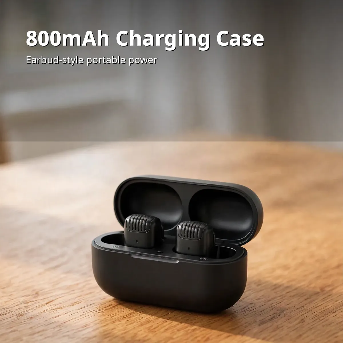 Ulanzi J12 feature card showing the open earbud-style charging case with two transmitters docked — 800mAh Charging Case. Earbud-style portable power.