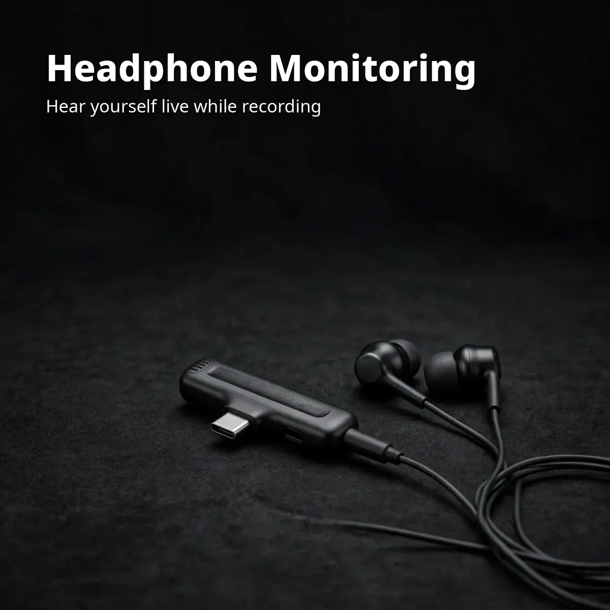 Ulanzi J12 feature card showing the Type-C receiver with wired earphones plugged in — Headphone Monitoring. Hear yourself live while recording.