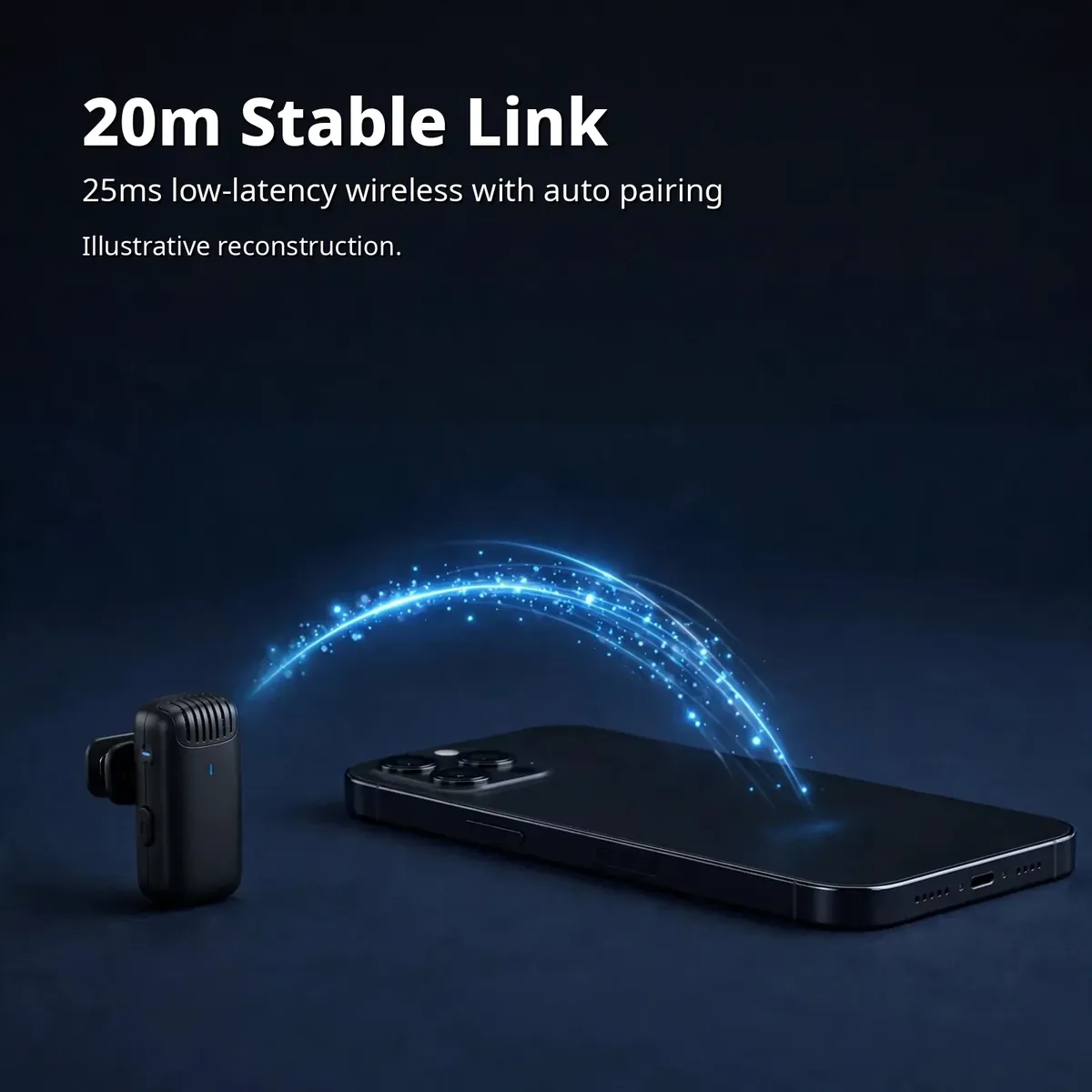 Ulanzi J12 technical infographic showing a transmitter beaming a blue wireless signal arc to a phone — 20m Stable Link. 25ms low-latency wireless with auto pairing. Illustrative reconstruction.