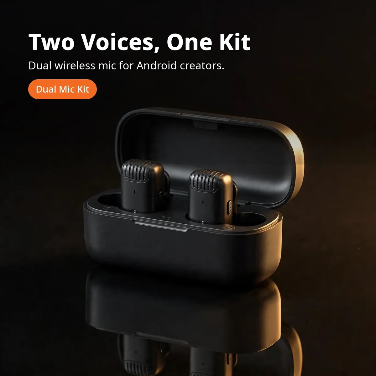 Ulanzi J12 promo hero showing the open charging case with two transmitters docked — Two Voices, One Kit. Dual wireless mic for Android creators.