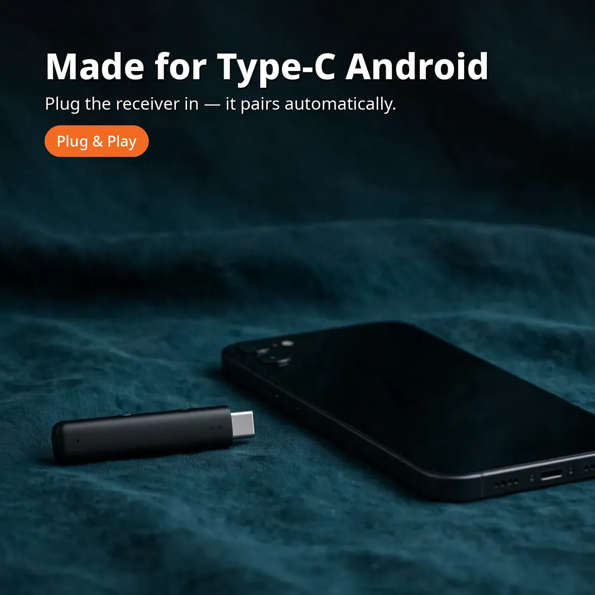 Ulanzi J12 promo card showing the slim stick-like Type-C receiver beside a phone — Made for Type-C Android. Plug the receiver in — it pairs automatically.