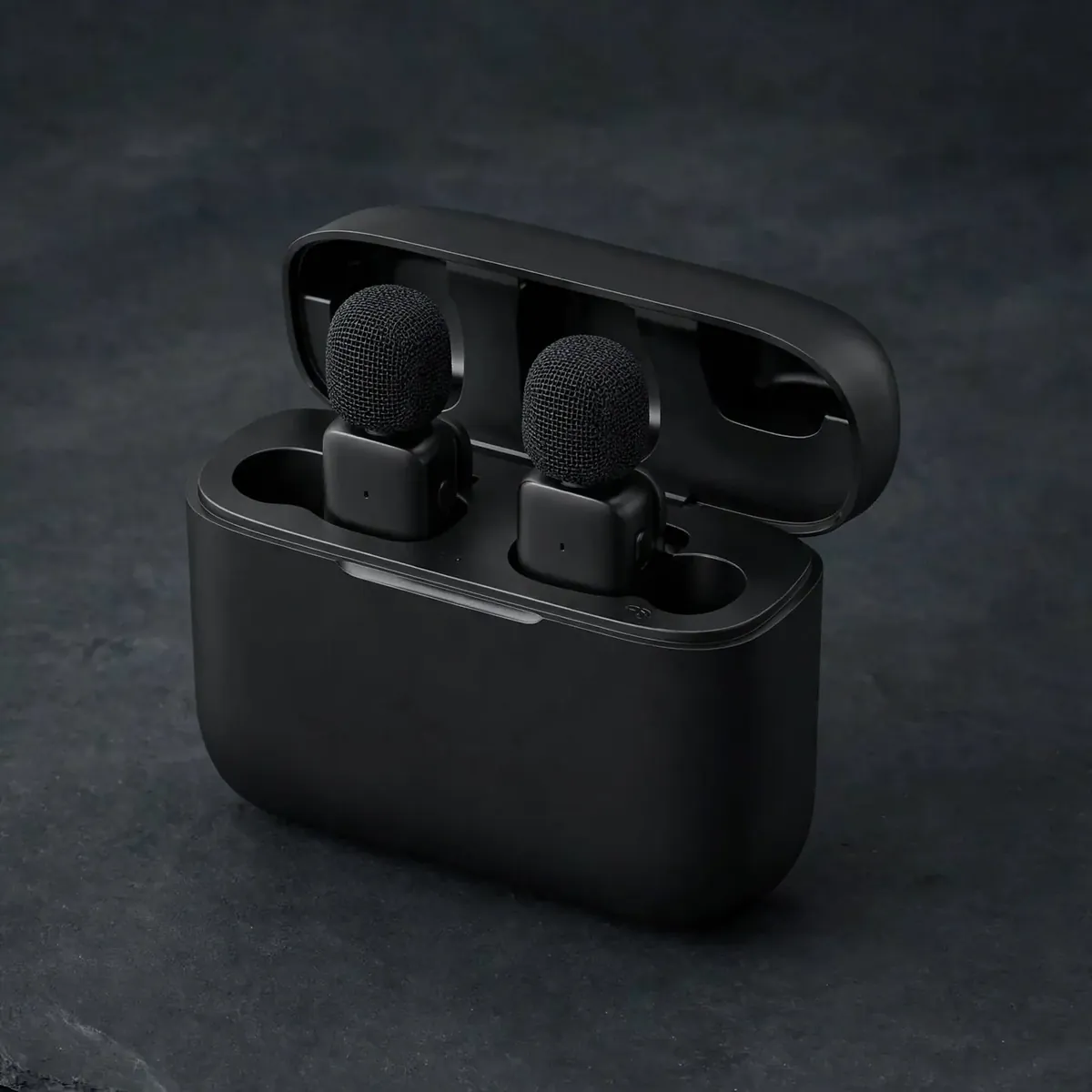 Ulanzi J12 kit photo showing the open charging case with two transmitters docked — the complete dual-mic kit, pocketable between shoots.