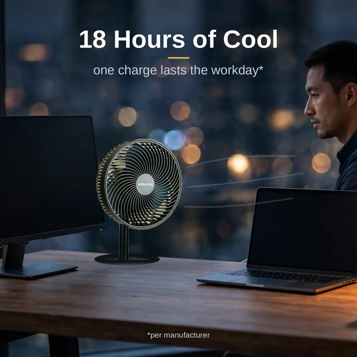Awei F23 black desk fan in a home office