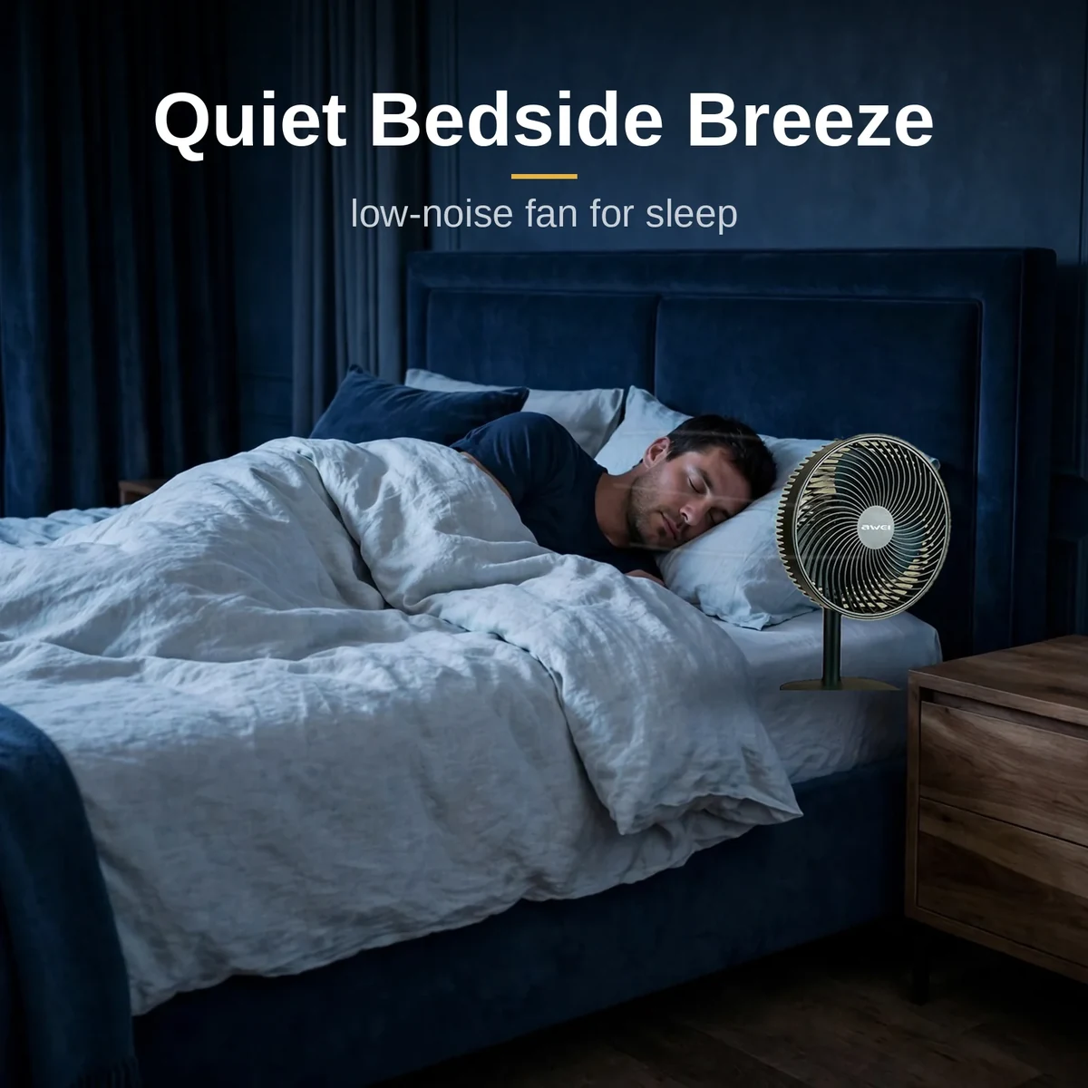 Awei F23 desk fan cooling a bedroom at night