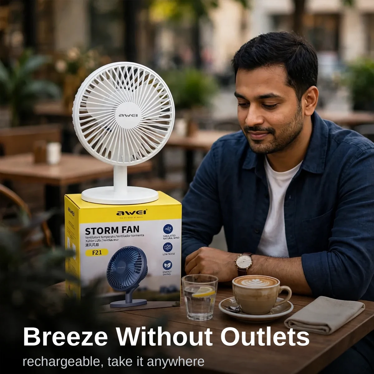 Awei F21 portable fan in a café setting