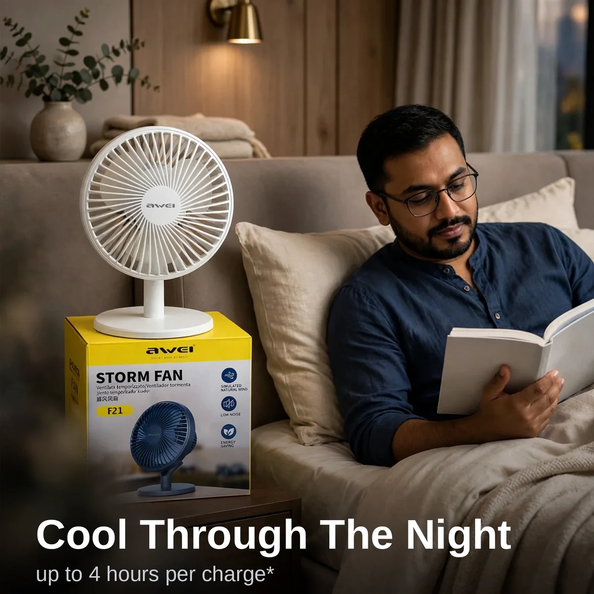 Awei F21 white mini fan on a bedroom shelf