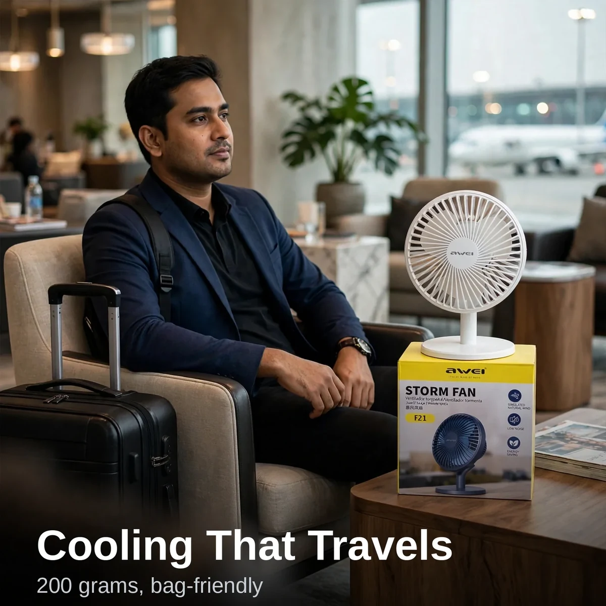 Awei F21 portable fan packed for travel