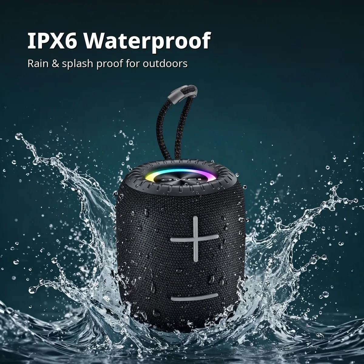 Awei Y526 IPX6 waterproof card showing the speaker in water splashes