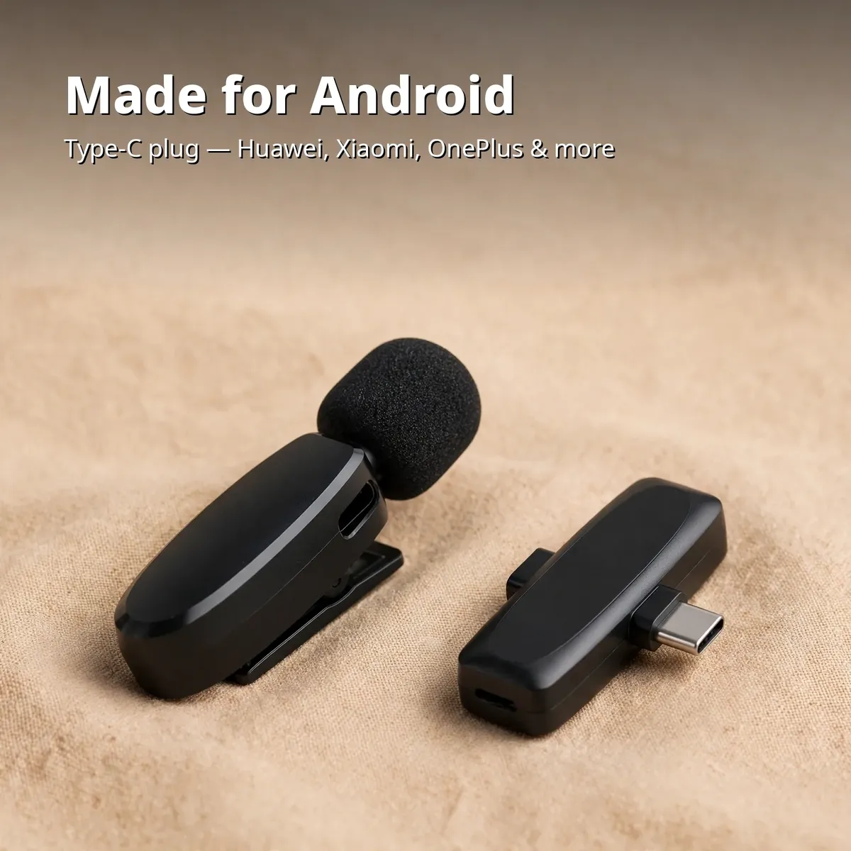 Hoco L15 feature card showing the oval black mic with foam windscreen beside the Type-C receiver — Made for Android. Type-C plug — Huawei, Xiaomi, OnePlus & more.