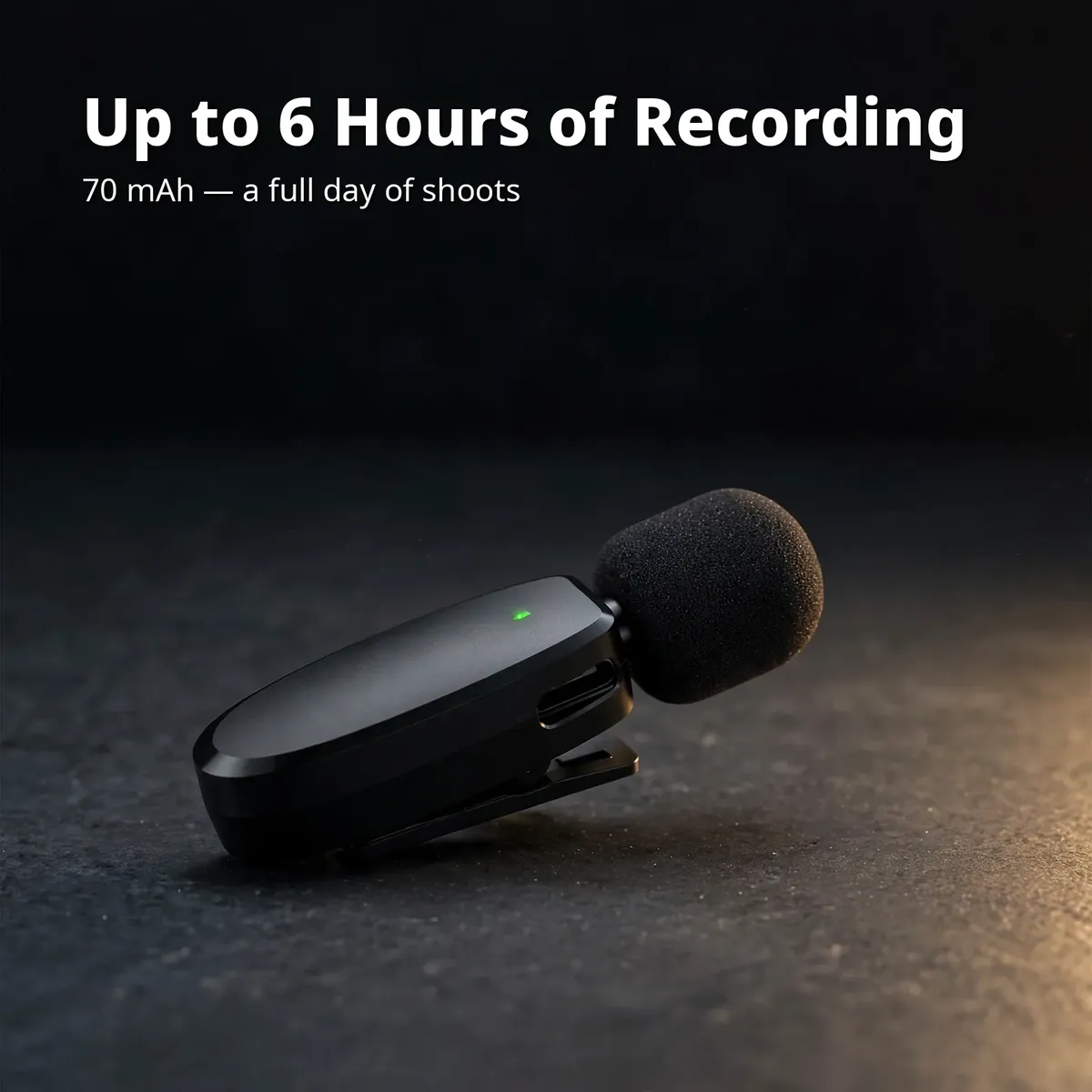 Hoco L15 battery card showing the mic on dark slate with soft glow — Up to 6 Hours of Recording. 70 mAh — a full day of shoots.
