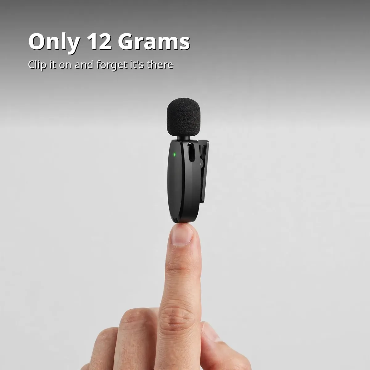 Hoco L15 weight card showing the mic balanced on a fingertip — Only 12 Grams. Clip it on and forget it's there.