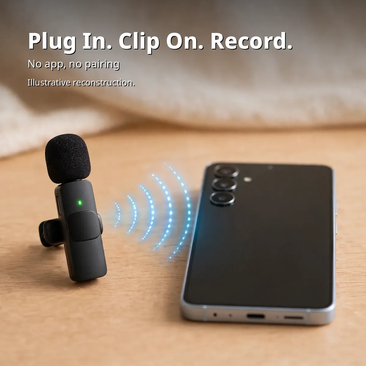 Hoco L15 connection infographic showing the mic beside an Android phone with wireless waves — Plug In. Clip On. Record. No app, no pairing. Illustrative reconstruction.