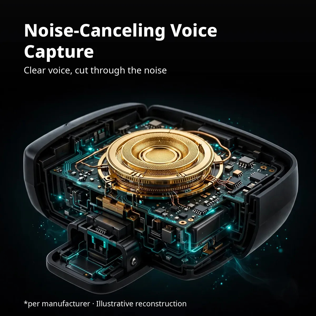 Hoco L15 x-ray render of the glowing electret capsule over the circuit board — Noise-Canceling Voice Capture. Clear voice, cut through the noise. Illustrative reconstruction.