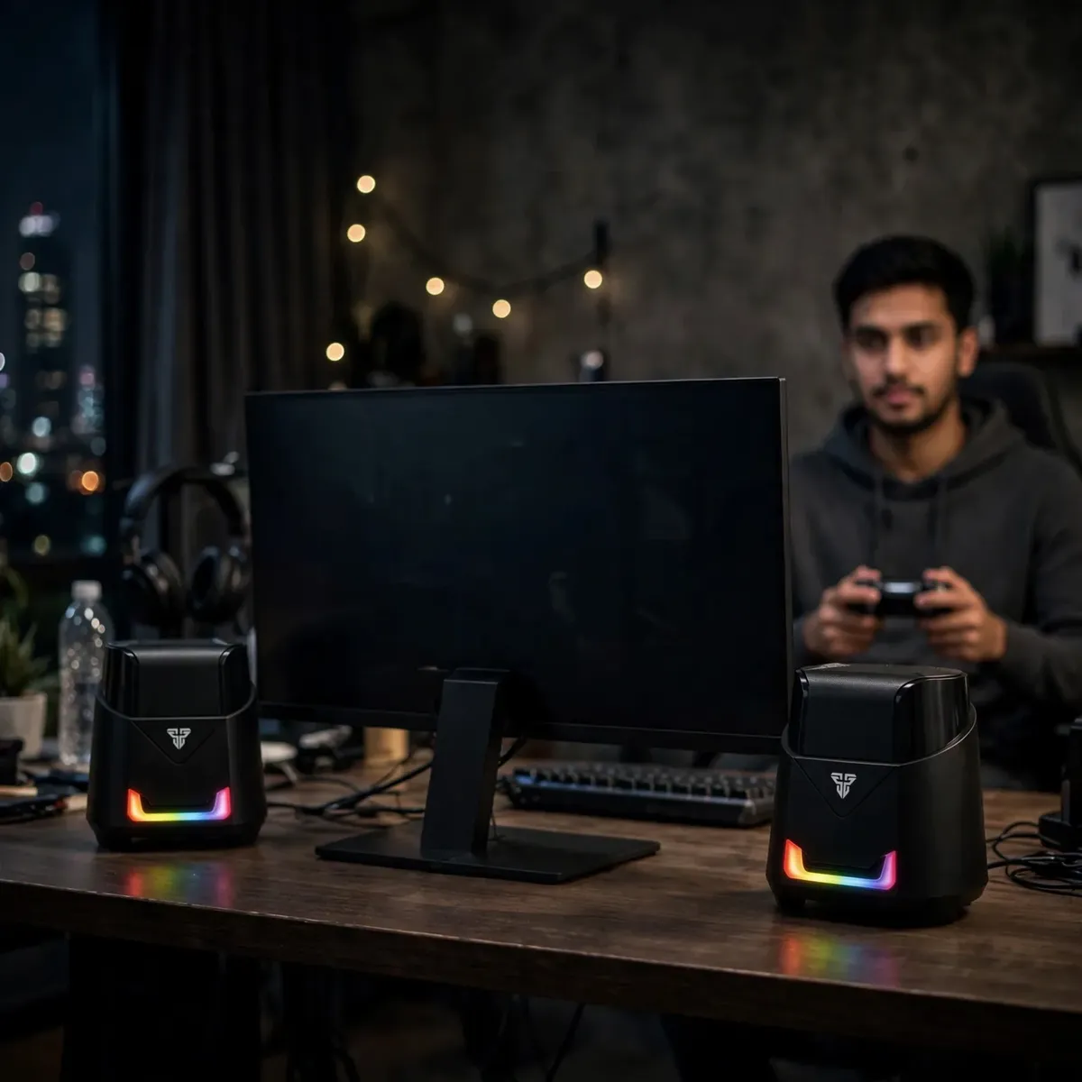 Fantech GS205 RGB gaming speakers flanking a monitor in a gaming setup