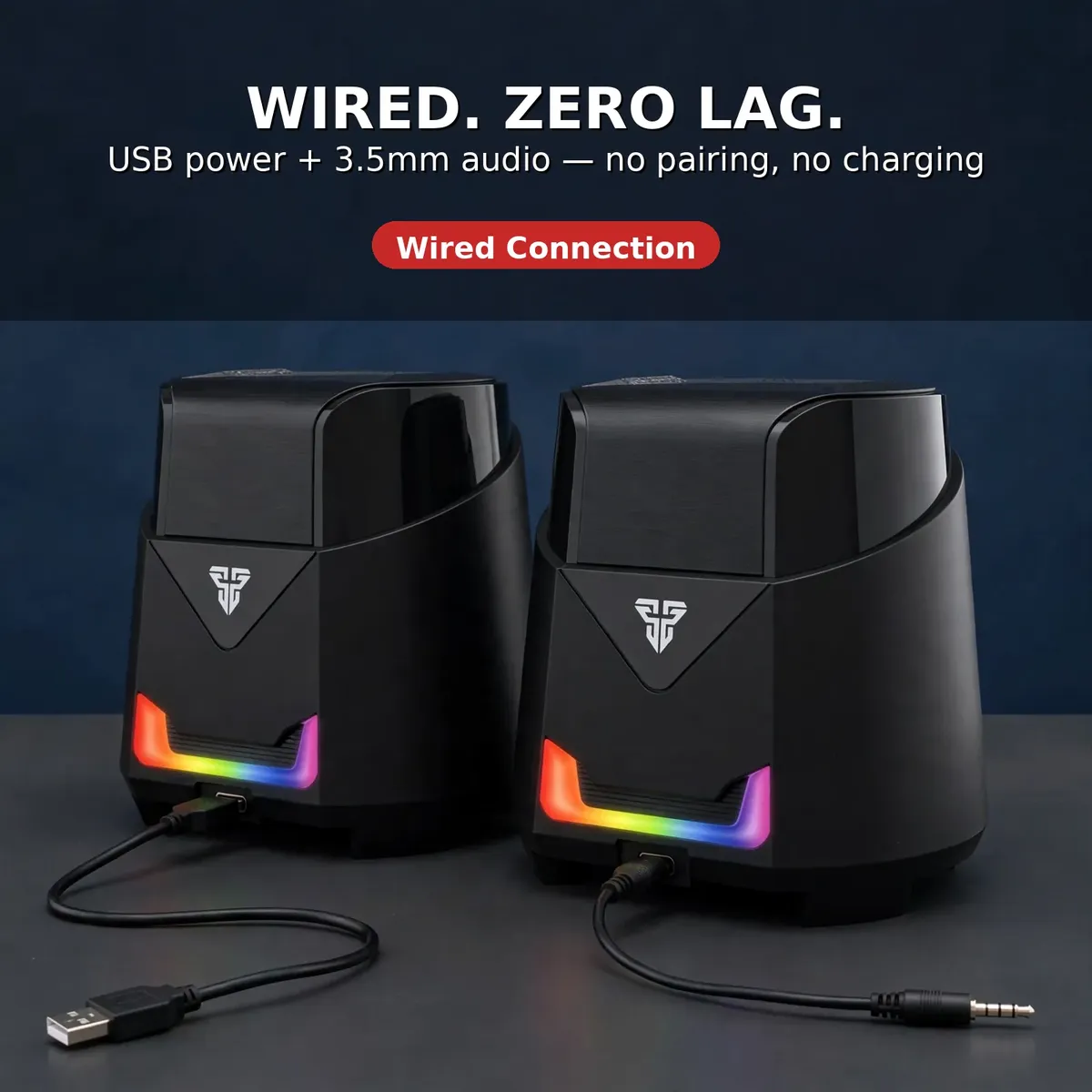 Fantech GS205 wired zero lag card showing USB power and 3.5mm audio cables