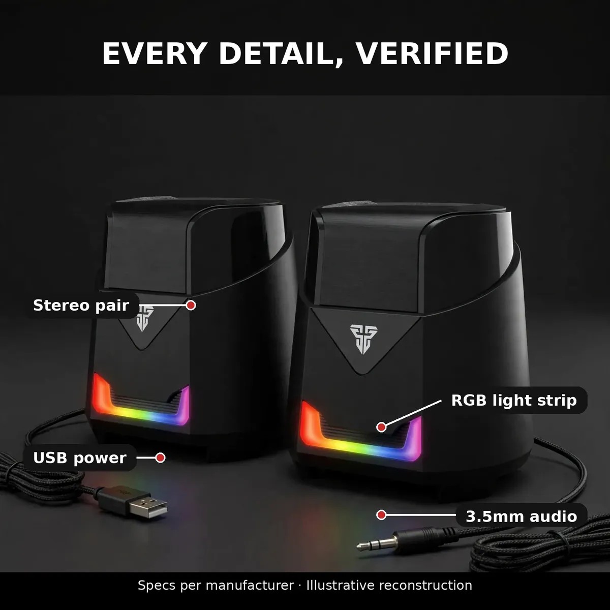 Fantech GS205 features card showing stereo pair, RGB light strip, USB power and 3.5mm audio