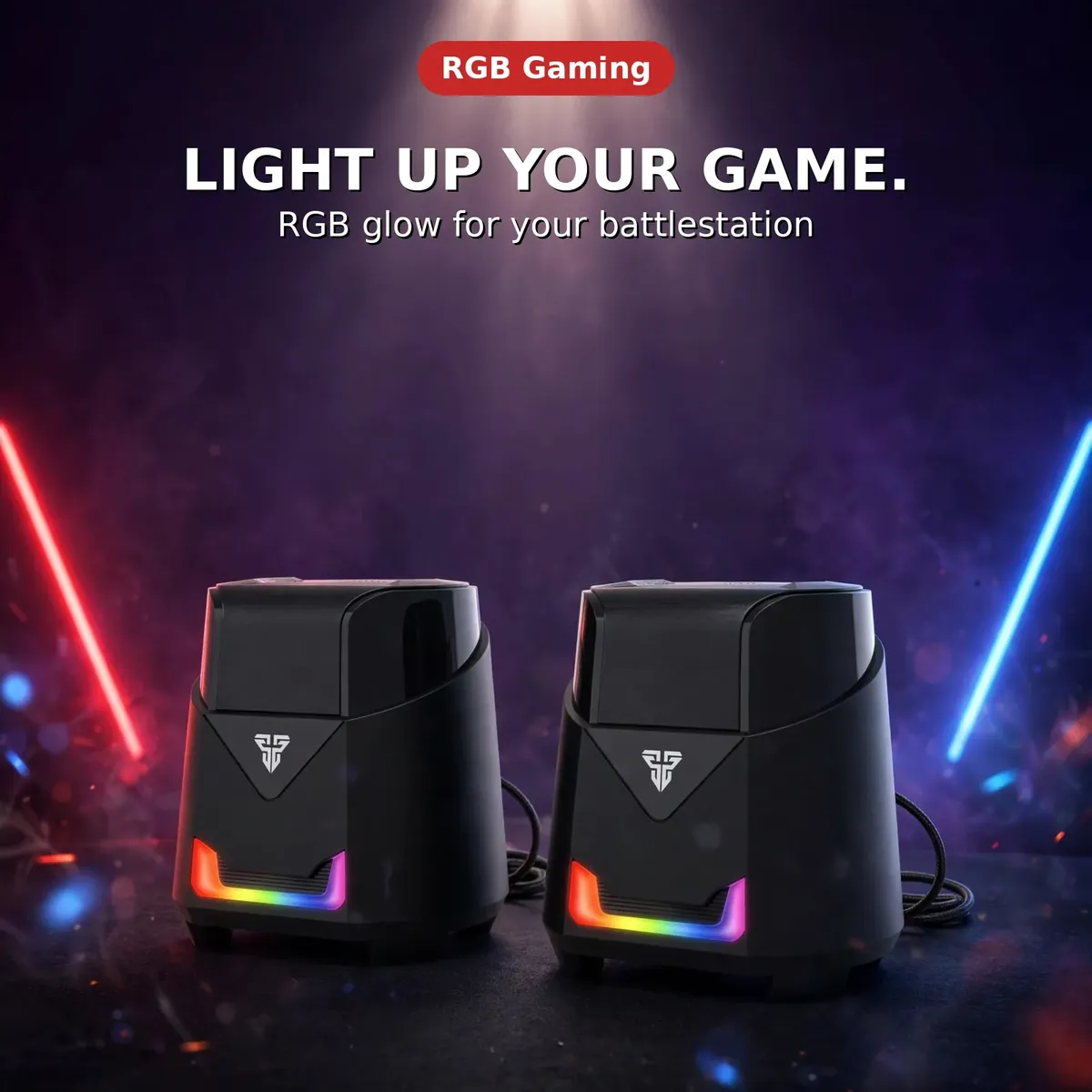 Fantech GS205 RGB gaming battlestation card showing the glowing speaker pair