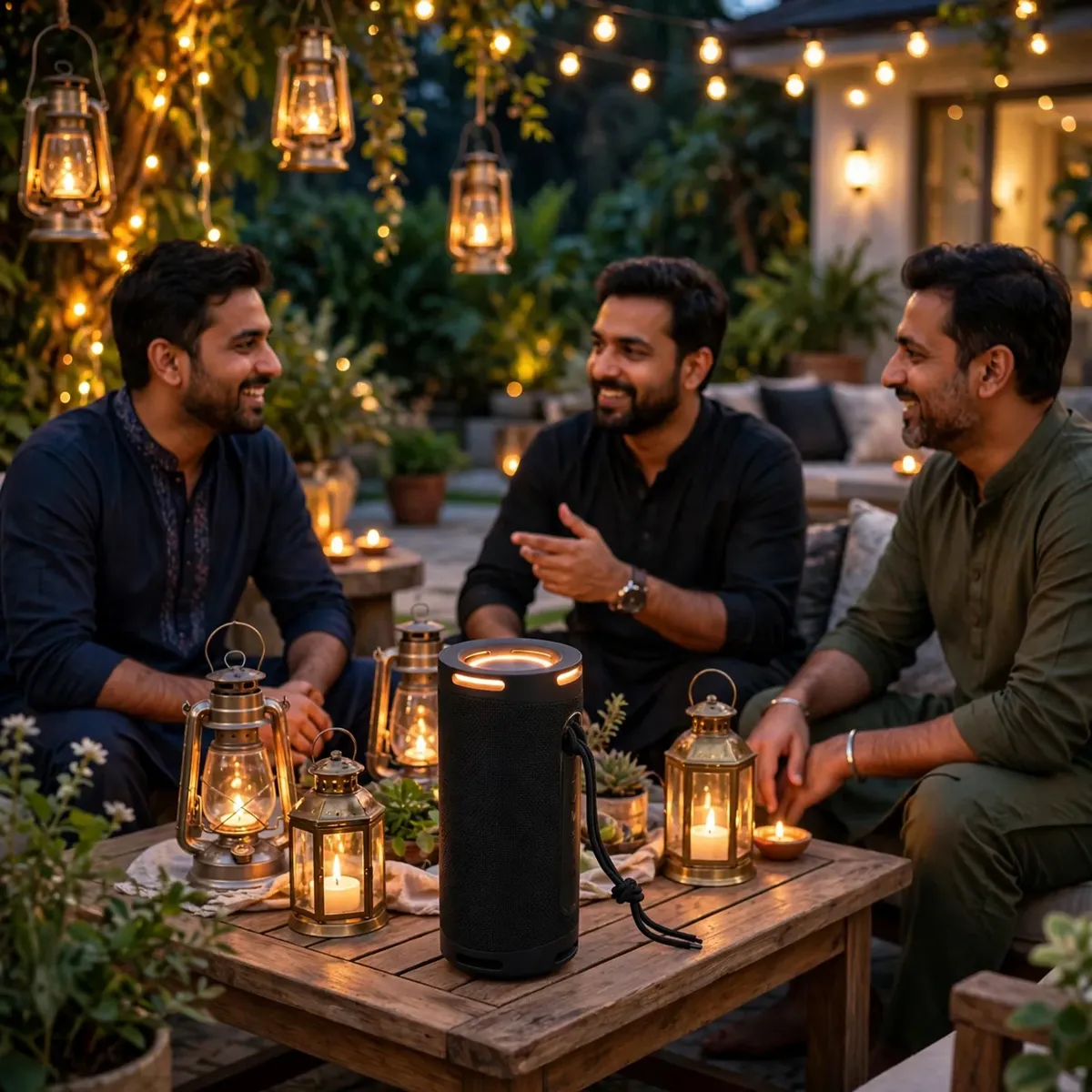 Hoco HC9 portable Bluetooth speaker in black beside garden lanterns at night