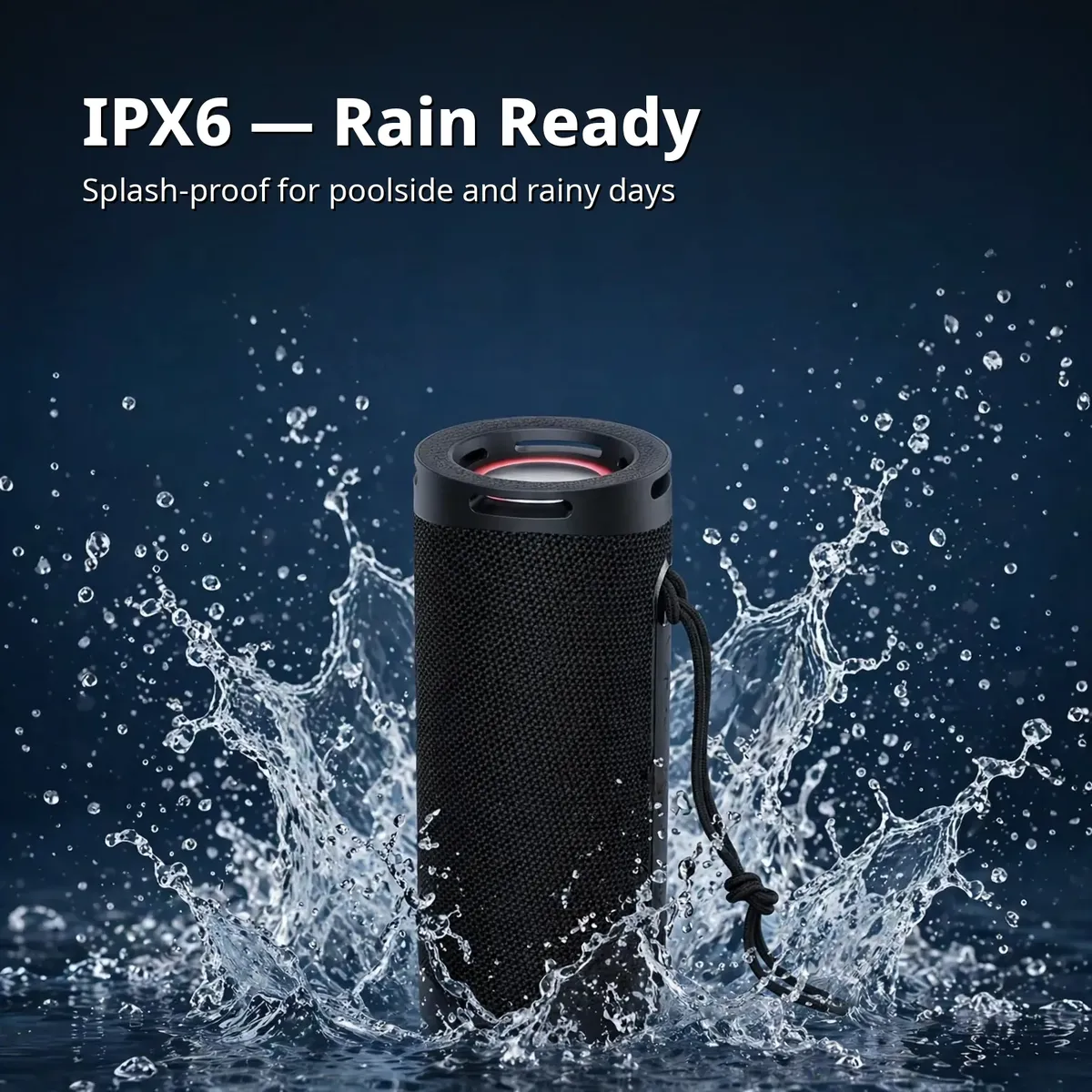 Hoco HC9 IPX6 splash-proof card showing the speaker under splashing water