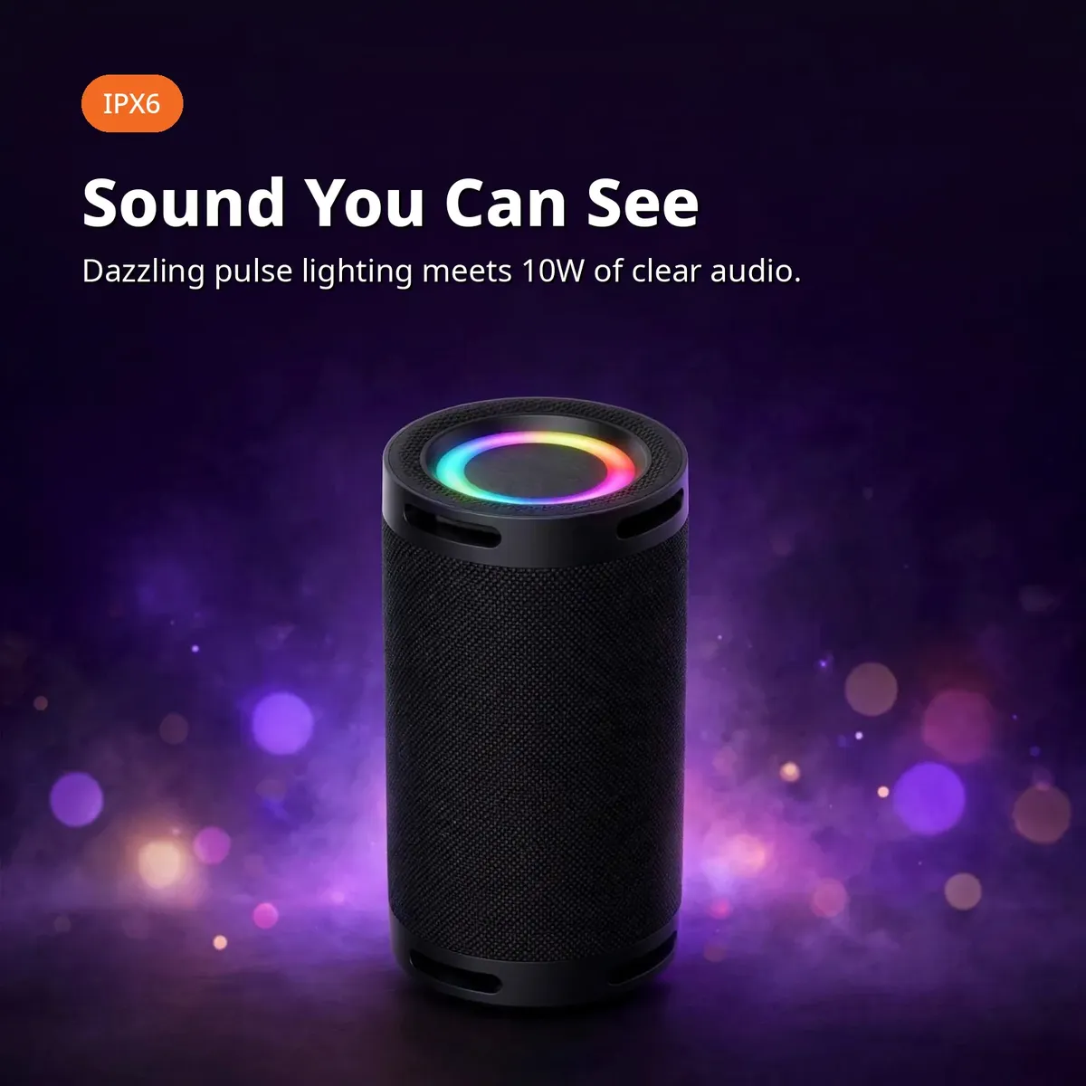 Hoco HC9 promo card showing the speaker with dazzling pulse lighting and IPX6 badge