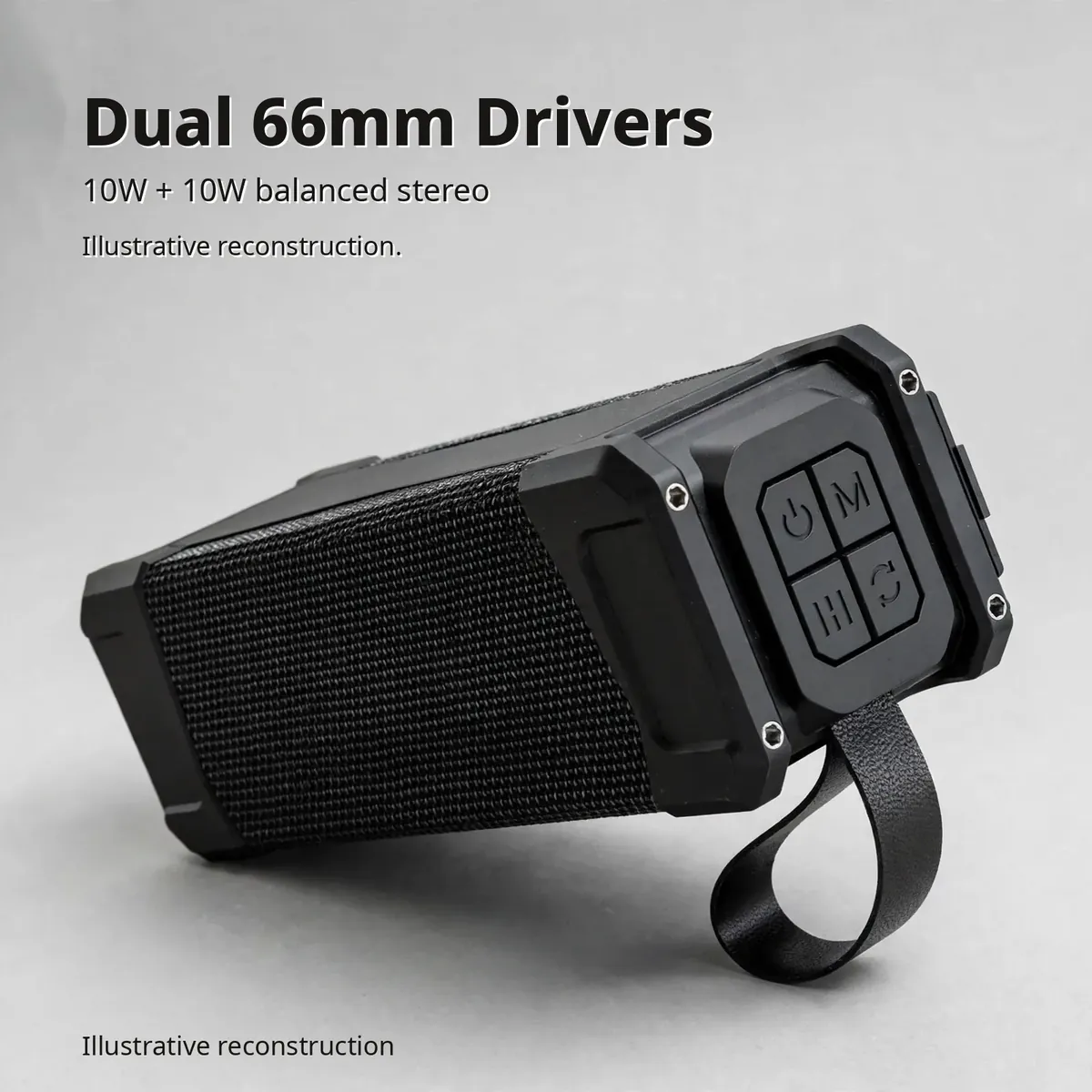 Hoco HC6 driver infographic — Dual 66mm Drivers. 10W plus 10W balanced stereo. Illustrative reconstruction.
