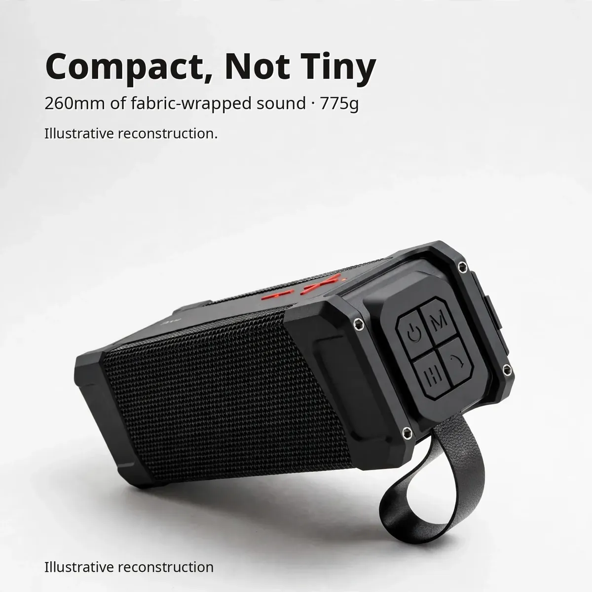 Hoco HC6 size infographic — Compact, Not Tiny. 260mm of fabric-wrapped sound, 775g. Illustrative reconstruction.