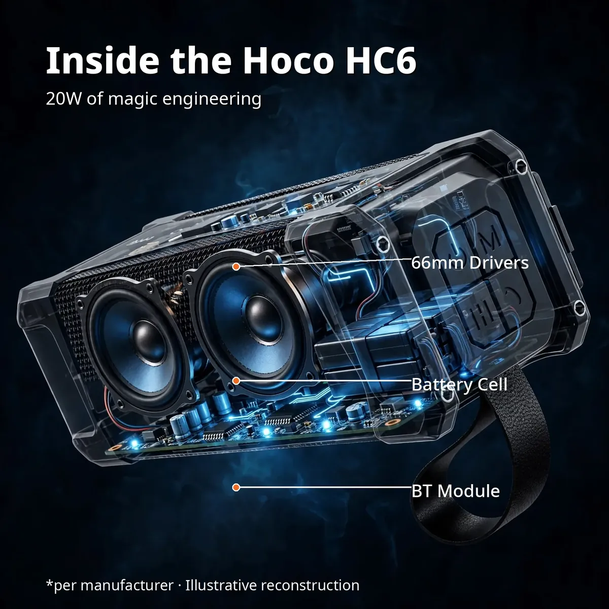 Hoco HC6 x-ray cutaway with leader-line callouts — Inside the Hoco HC6: 20W of magic engineering. 66mm drivers, battery cell, BT module. Per manufacturer, illustrative reconstruction.