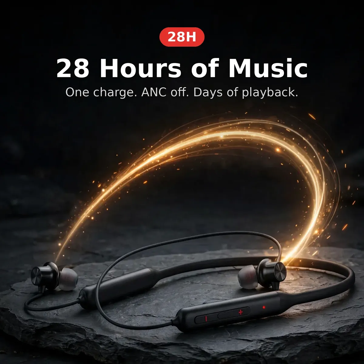 OnePlus Bullets Wireless Z2 ANC battery card — 28 Hours of Music. One charge with ANC off for days of playback.