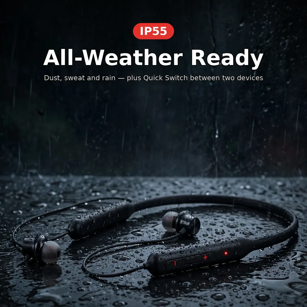 OnePlus Bullets Wireless Z2 ANC all-weather card — All-Weather Ready. IP55 dust, sweat and rain protection plus Quick Switch between two devices.