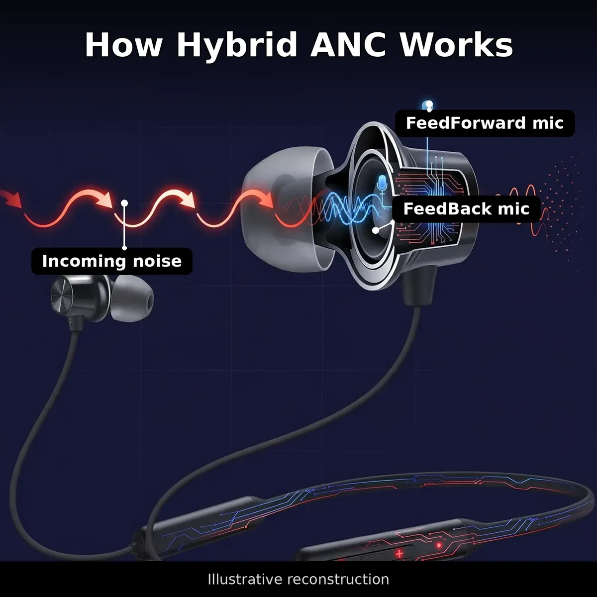 OnePlus Bullets Wireless Z2 ANC hybrid ANC diagram — How Hybrid ANC Works, showing the FeedForward mic, FeedBack mic, incoming noise and the anti-noise wave. Illustrative reconstruction.