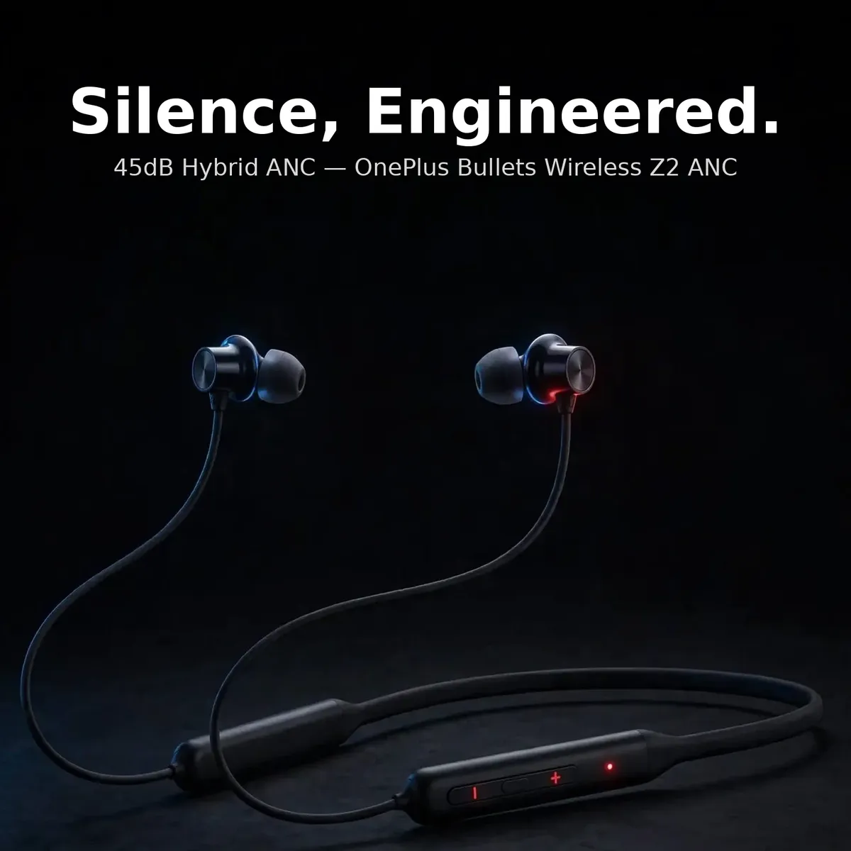 OnePlus Bullets Wireless Z2 ANC promo card — Silence, Engineered. 45dB Hybrid ANC.