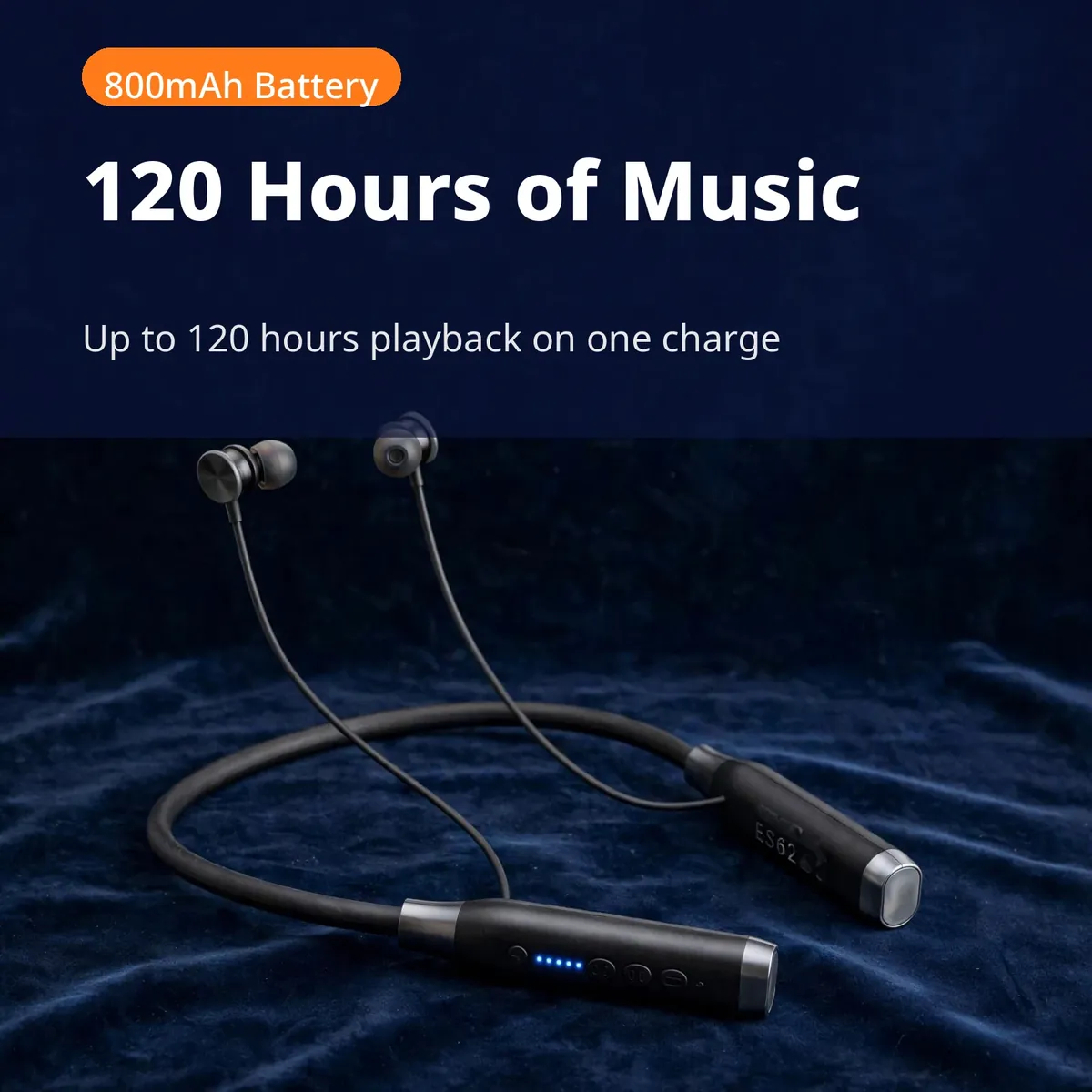 Hoco ES62 battery card on a dark-navy backdrop — 120 Hours of Music. Up to 120 hours playback on one charge. 800mAh Battery.